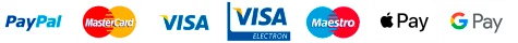 Logotipos de los métodos de pago aceptados: Visa, Visa Electron, Maestro, Mastercard, PayPal, Apple Pay y Google Pay.